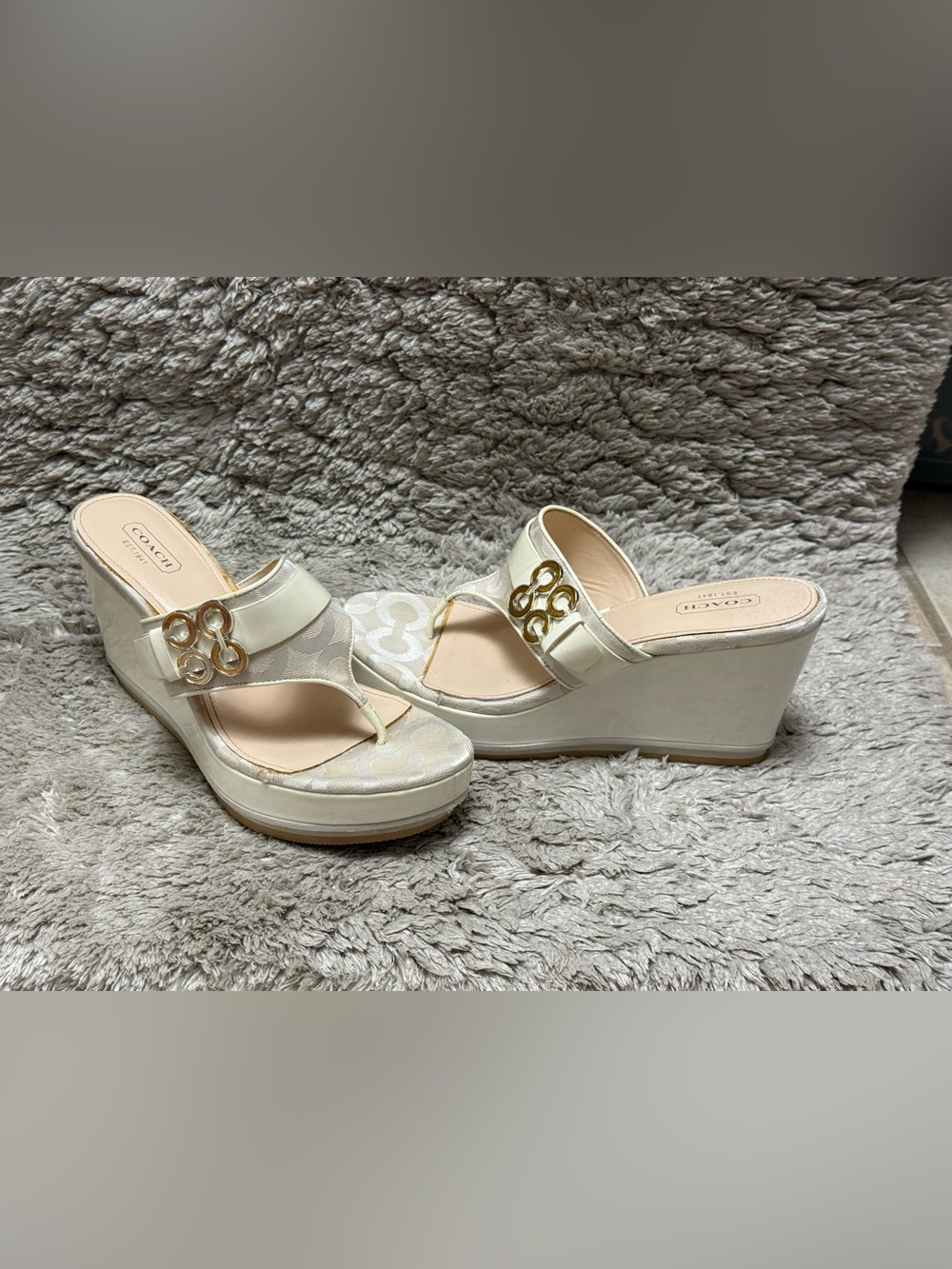 Coach Gypsy Vintage Women’s Logo Wedge Sandals in Cream with Gold Accent - Picture 11 of 13